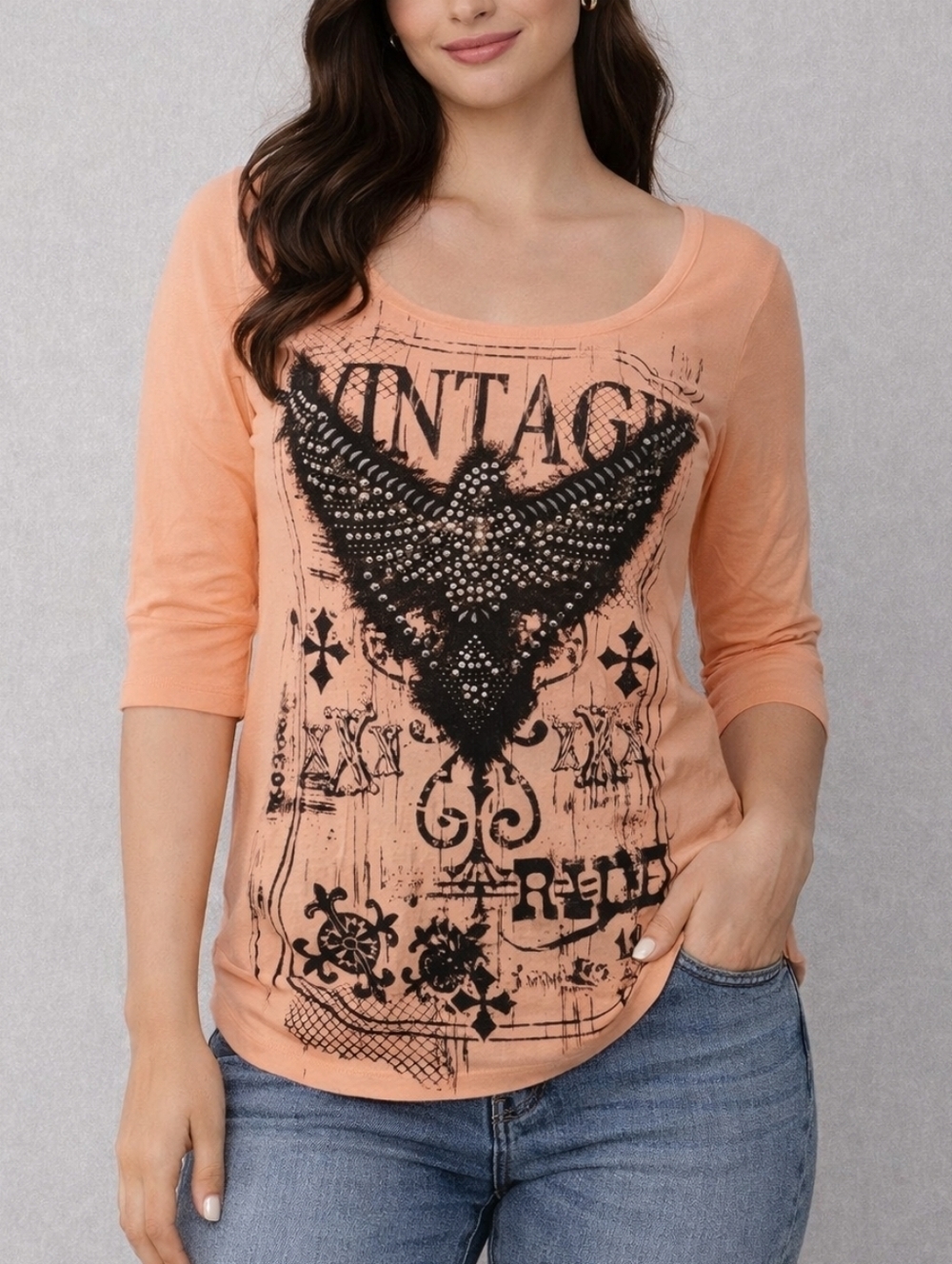 3/$30 DAYTRIP Y2k Peach Graphic Eagle Scoop Neck Short Sleeve Blouse